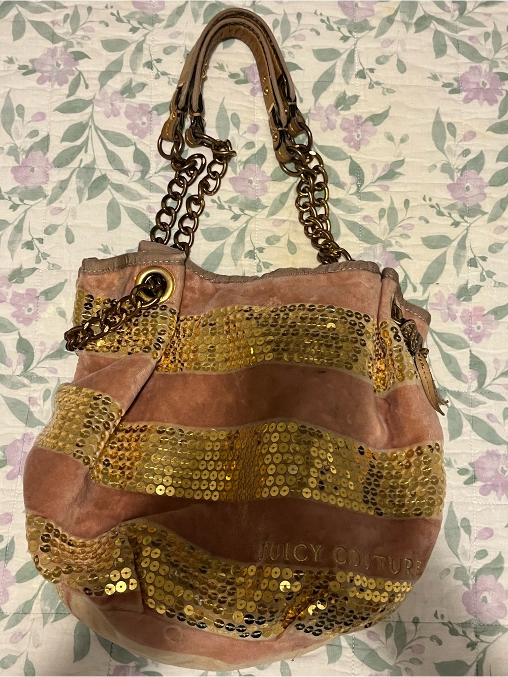 Juicy Couture Pink Suede Shoulder Bag with Gold Sequin Stripes